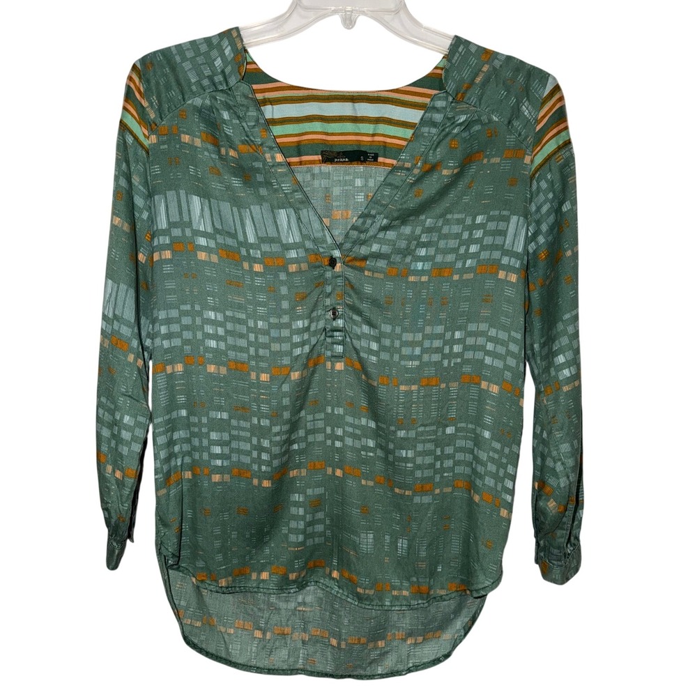 Prana Green Geometric Tencel Henley Blouse Long Sleeve‎ Small